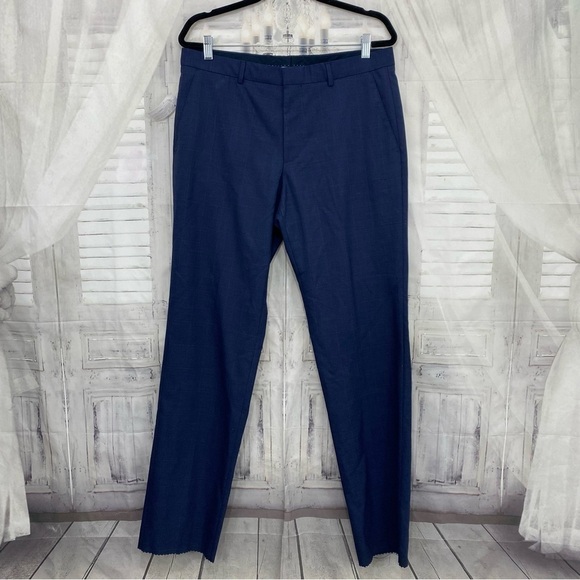 Hugo Boss Mens Size 40 Reg Blue Plaid Dress Pants Flat Front Unhemmed *FLAW* NEW - Picture 1 of 16
